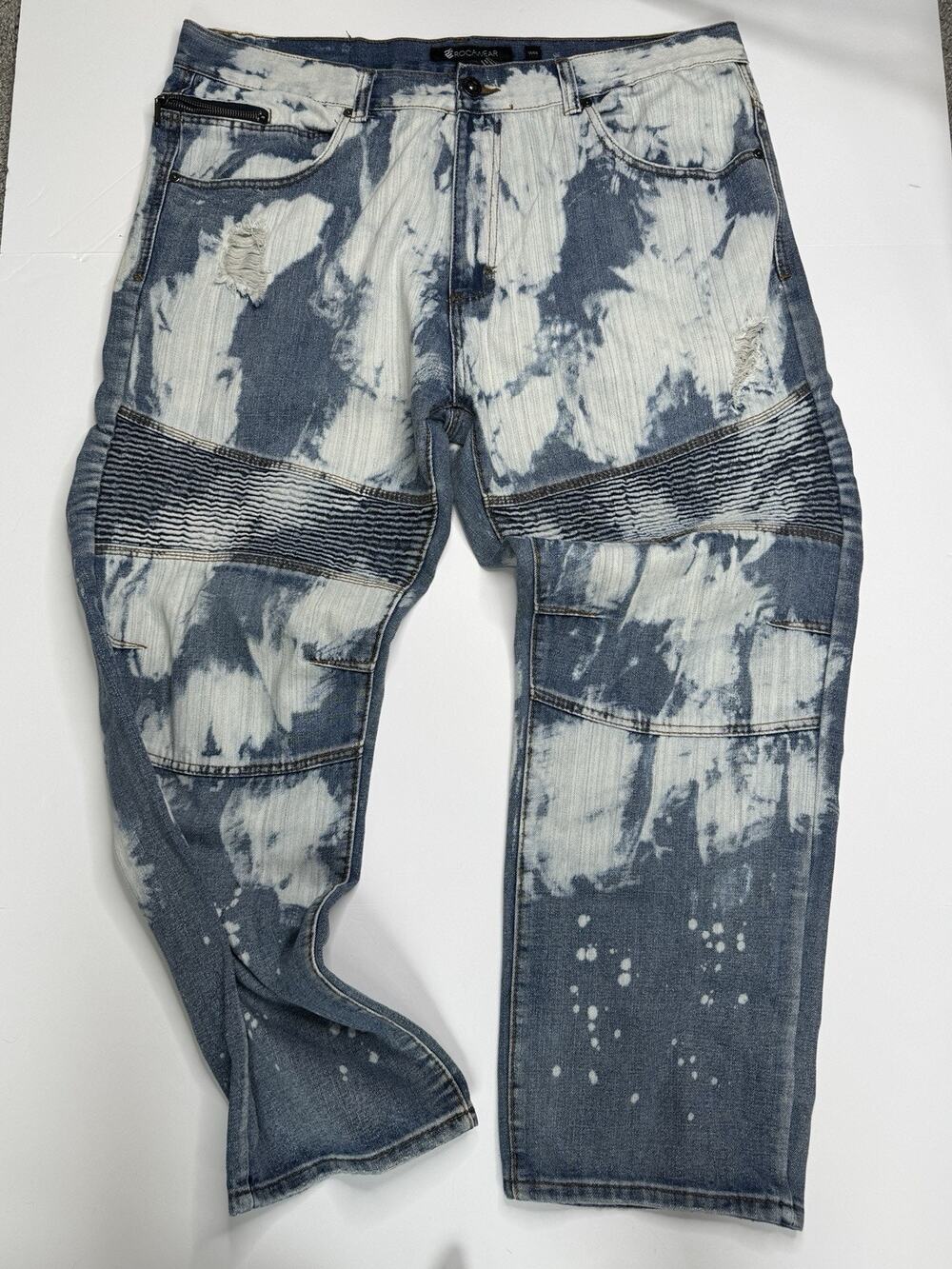 Rocawear Jeans Mens 44x32 Blue Bleach Wash Moto Biker Distressed Hip Hop Y2K